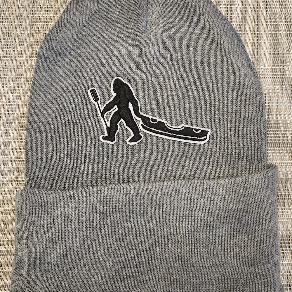 Hand Crafted Gray Kids Beanie Hat with Yeti/Big Foot Canoeing Black Design